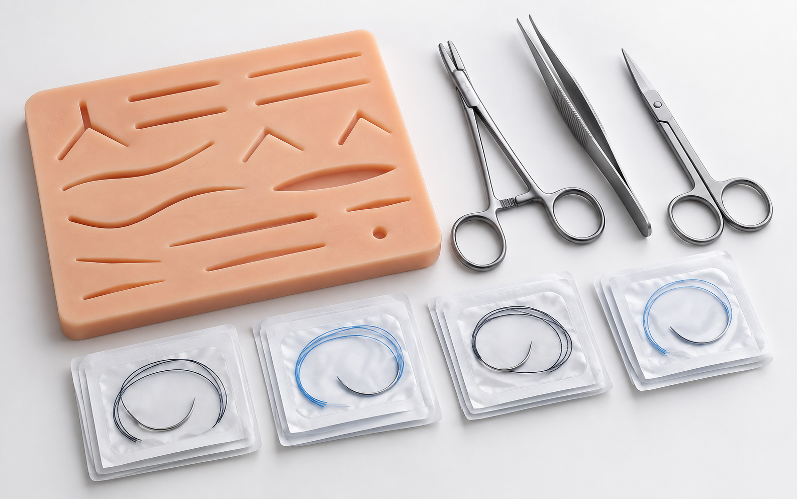 AMEDPRO veterinary suture practice kit with silicone pad, Hegar needle driver, Adson forceps, scissors and practice sutures